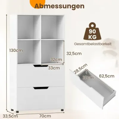 4-kuchová knižnica s 2 zásuvkami 130 cm 5-poschodová voľne stojaca polica Biela