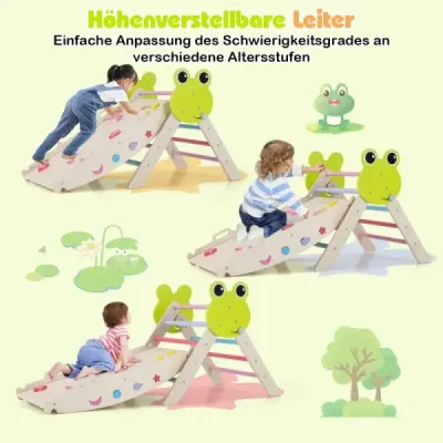 3-dielna sada preliezačiek so šmykľavkou, lezeckým oblúkom, obojstrannou rampou a lezeckým trojuholníkom, viacfarebná