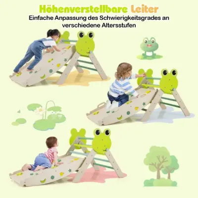 3-dielna sada preliezačiek so šmykľavkou, lezeckým oblúkom a obojstrannou rampou, lezecký trojuholník, zelená