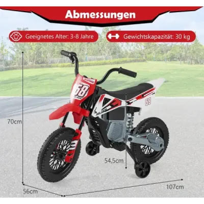 12V elektrická detská motorka Elektrická motorka pre deti s odnímateľnými tréningovými kolesami a odpružením červena
