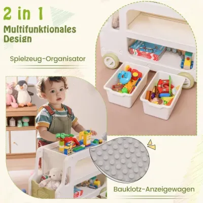 Detský regál v tvare auta s 2 úložnými boxmi Regál na hračky Detský regál biely