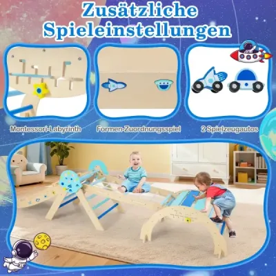 Súprava preliezačiek 9 v 1 Montessori s lezeckým oblúkom a lezeckým lanom a rebríkom Drevený lezecký trojuholník modrý