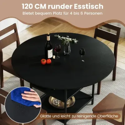 120 cm okrúhly jedálenský stôl pre 4-6 osôb s 2-vrstvovou policou a kovovým rámom Kuchynský stôl čierny