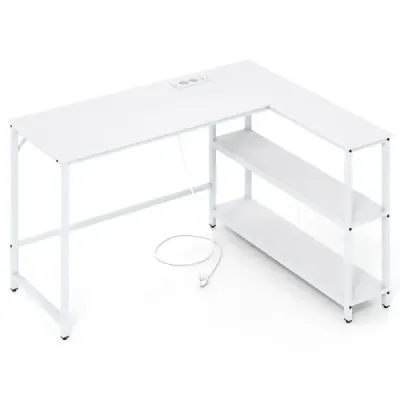 Počítačový stôl v tvare L s nabíjacou stanicou a úložnými priestormi moderný herný stôl biely