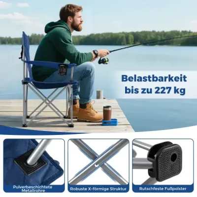XXL skladacia kempingová stolička s chladiacou taškou a držiakom na nápoje 227KG zaťažiteľná polstrovaná rybárska stolička Navy