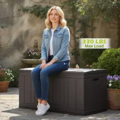 300-litrový záhradný box Veľký úložný box z HDPE s plynovými vzperami a uzamykateľným vekom hnedej farby