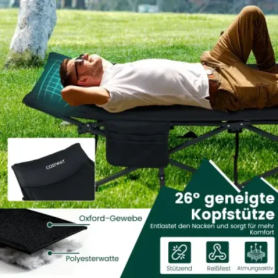 Skladacia kempingová posteľ pre dospelých Kempingová posteľ s 10-bodovým podporným systémom Bočné vrecko a taška na prenášanie Čierna