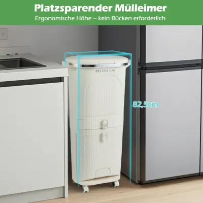 42L Koš na kuchynský odpad s vekom a 3 priehradkami Pedálový kôš a nožný pedál a kolieska Béžová