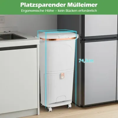 38l odpadkový kôš s 2 odnímateľnými vedrami, vekom, pedálom a kolieskami, biely