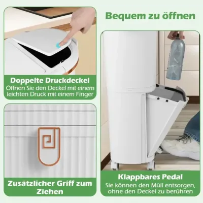 38l odpadkový kôš s 2 odnímateľnými vedrami, vekom, pedálom a kolieskami, biely