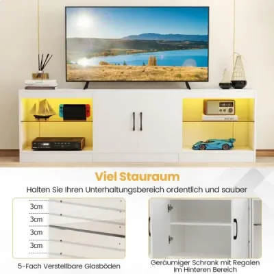 TV skrinka 3 v 1 pre televízory s uhlopriečkou do 85 palcov  s LED osvetlením a nastaviteľnými sklenenými policami Biela