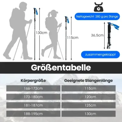 Skladacie trekingové palice s rýchloupínacím mechanizmom, turistické palice pre výšku 166-195 cm, modré