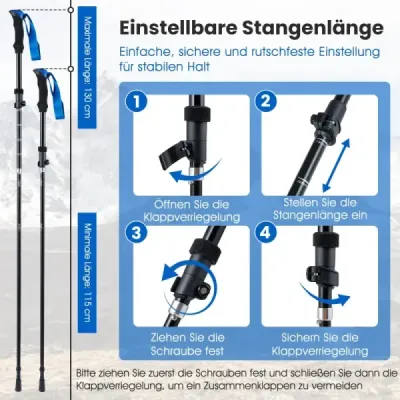 Skladacie trekingové palice s rýchloupínacím mechanizmom, turistické palice pre výšku 166-195 cm, modré