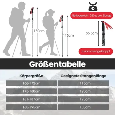 Skladacie trekingové palice s rýchloupínacím mechanizmom, turistické palice pre výšku 166-195 cm, červené
