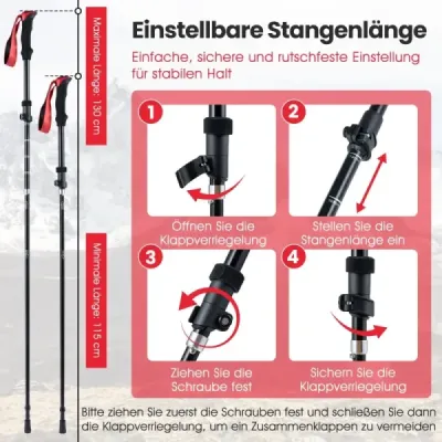 Skladacie trekingové palice s rýchloupínacím mechanizmom, turistické palice pre výšku 166-195 cm, červené