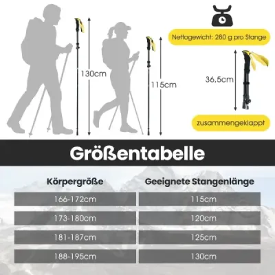 Skladacie trekingové palice s rýchloupínacím mechanizmom, turistické palice pre výšku 166-195 cm, žlté