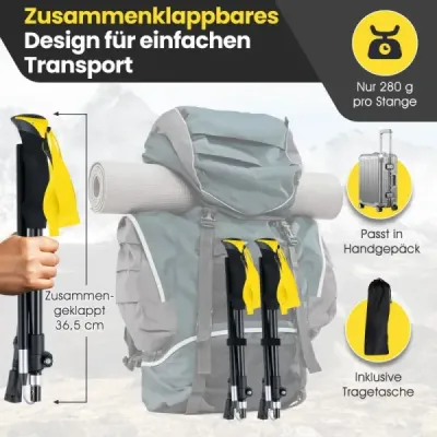 Skladacie trekingové palice s rýchloupínacím mechanizmom, turistické palice pre výšku 166-195 cm, žlté