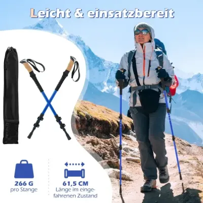 Hliníkové trekingové palice s rukoväťami z EVA a prírodného korku. Rozťahovacie turistické palice/chodiace palice, modré.