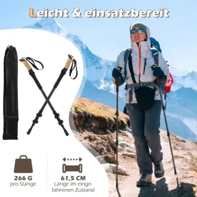 Hliníkové trekingové palice s rukoväťami z EVA a prírodného korku. Rozťahovacie turistické palice/chodiace palice, čierne.