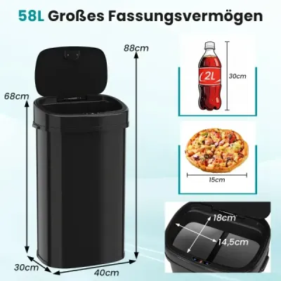 58l automatický odpadkový kôš so senzorom a dvojitou zónou, inteligentný odpadkový kôš, čierny