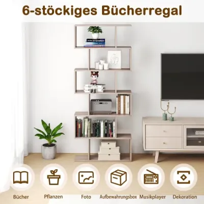 Stojaci regál 6 úrovní Regál v tvare písmena S Úložný regál z dreva Výber farby Sivá