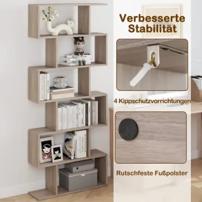 Stojaci regál 6 úrovní Regál v tvare písmena S Úložný regál z dreva Výber farby Sivá