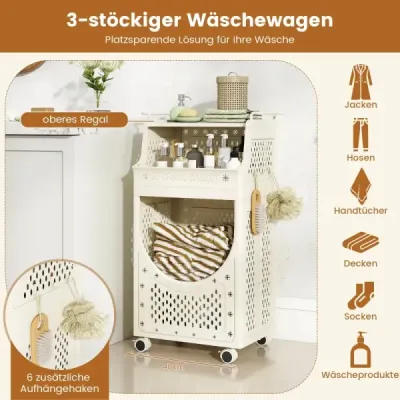 3-poschodový vozík na bielizeň, skladacie vrecko na bielizeň s uzamykateľnými kolieskami, košík, 6 háčikov, béžová