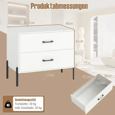 Komoda s 2 zásuvkami, moderný drevený nočný stolík s kovovými nohami a úchytkami, kompaktný bočný stolík, biely
