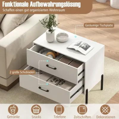 Komoda s 2 zásuvkami, moderný drevený nočný stolík s kovovými nohami a úchytkami, kompaktný bočný stolík, biely
