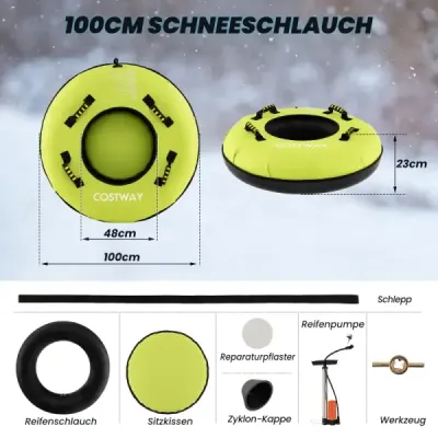 Nafukovacie sane s odnímateľným ťažným lanom a pumpou na pneumatiky, zimné pneumatiky Ø100 cm, zelené