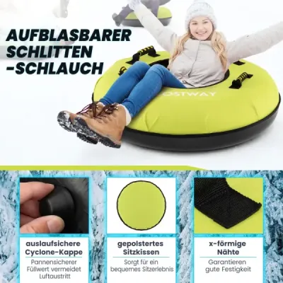 Nafukovacie sane s odnímateľným ťažným lanom a pumpou na pneumatiky, zimné pneumatiky Ø100 cm, zelené