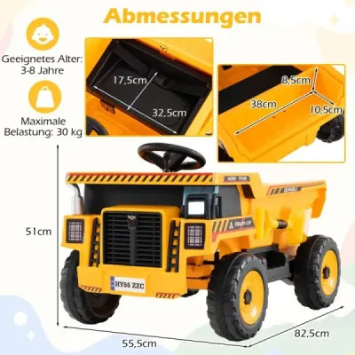 24V detský elektrický sklápač, 4-kolesové stavebné vozidlo s vyklápacou jamou, lopatou, diaľkovým ovládaním, žltý