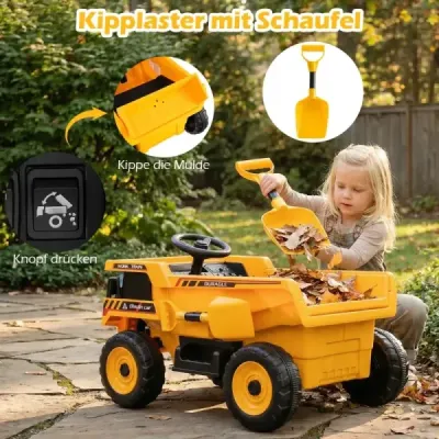 24V detský elektrický sklápač, 4-kolesové stavebné vozidlo s vyklápacou jamou, lopatou, diaľkovým ovládaním, žltý
