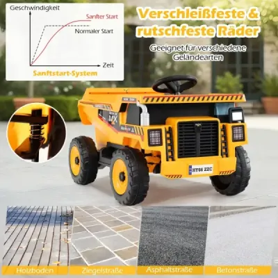 24V detský elektrický sklápač, 4-kolesové stavebné vozidlo s vyklápacou jamou, lopatou, diaľkovým ovládaním, žltý