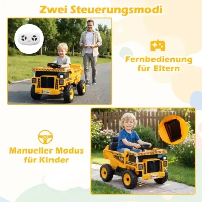 24V detský elektrický sklápač, 4-kolesové stavebné vozidlo s vyklápacou jamou, lopatou, diaľkovým ovládaním, žltý