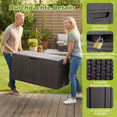 300-litrový záhradný box Veľký úložný box z HDPE s plynovými vzperami a uzamykateľným vekom hnedej farby