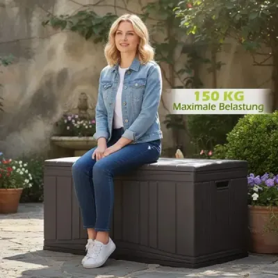 300-litrový záhradný box Veľký úložný box z HDPE s plynovými vzperami a uzamykateľným vekom hnedej farby