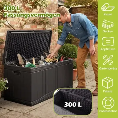 300-litrový záhradný box Veľký úložný box z HDPE s plynovými vzperami a uzamykateľným vekom hnedej farby