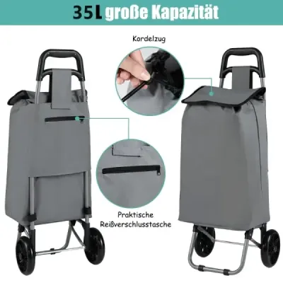 35L skladací nákupný vozík s odnímateľnou nákupnou taškou a bočnou taškou Nákupný vozík šedý