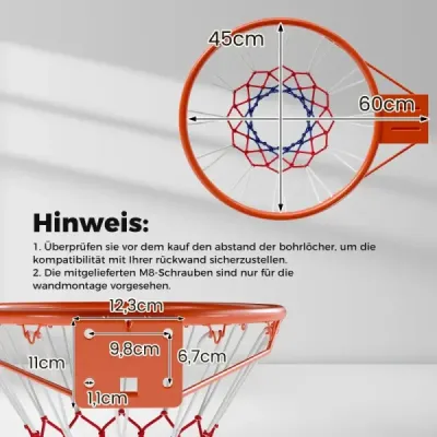 Štandardný basketbalový kôš Ø45 cm so sieťkou, mini basketbalový kôš na montáž na stenu, oranžový