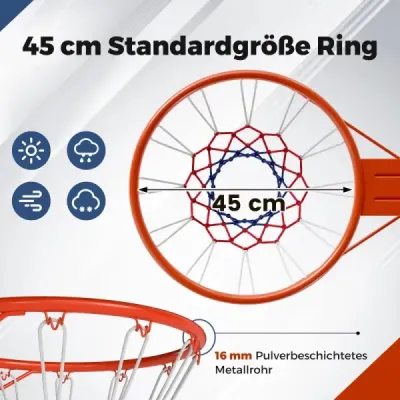 Štandardný basketbalový kôš Ø45 cm so sieťkou, mini basketbalový kôš na montáž na stenu, oranžový