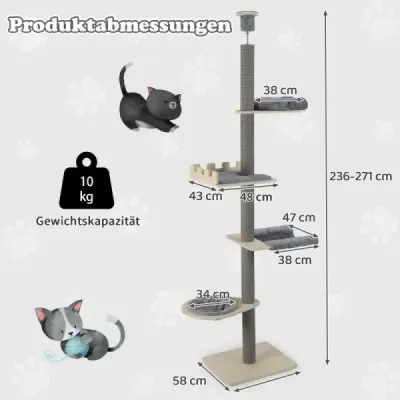 236-271 cm vysoký stropný strom pre mačky s hojdacou sieťou a košom a posteľou 5-poschodový strom pre mačky sivý