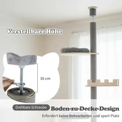 236-271 cm vysoký stropný strom pre mačky s hojdacou sieťou a košom a posteľou 5-poschodový strom pre mačky sivý