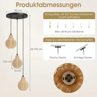 Závesná lampa z boho ratanu s 3 svetlami, ručne tkaný luster z prírodného košíka s nastaviteľnou výškou, béžová