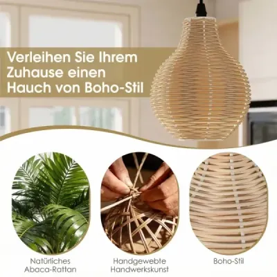 Závesná lampa z boho ratanu s 3 svetlami, ručne tkaný luster z prírodného košíka s nastaviteľnou výškou, béžová