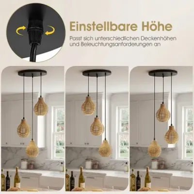 Závesná lampa z boho ratanu s 3 svetlami, ručne tkaný luster z prírodného košíka s nastaviteľnou výškou, béžová