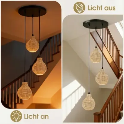 Závesná lampa z boho ratanu s 3 svetlami, ručne tkaný luster z prírodného košíka s nastaviteľnou výškou, béžová