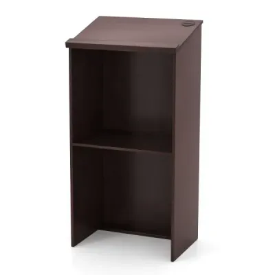 Stojanový pultík s poličkou a úložným priestorom na káble, hnedý stojaci stôl