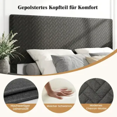 Zamatový rám postele s rozmermi 140 x 200 cm a výškovo nastaviteľným čelom v tvare chevronu. Čalúnený rám postele, sivý.