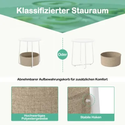 Okrúhly bočný stolík s úložným košom, malý konferenčný stolík, moderný konferenčný stolík, nočný stolík, biely